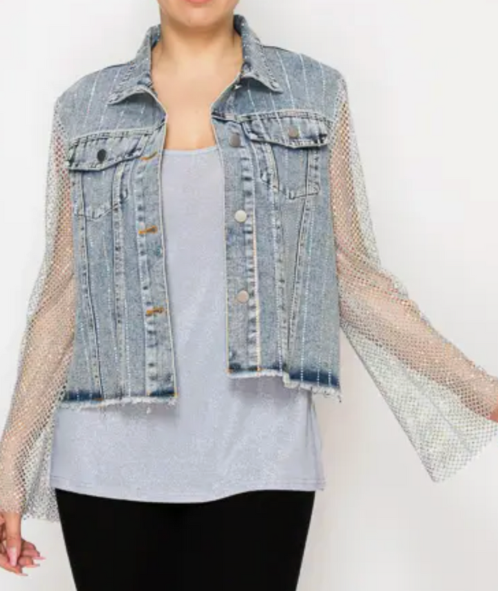 Statement Denim Jacket with Sparkly Details & Net Mesh Sleeves-plus too and many color options!