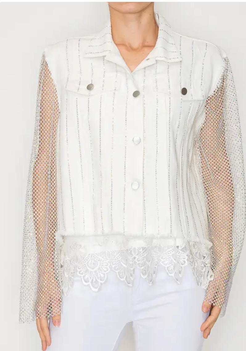 Statement Denim Jacket with Sparkly Details & Net Mesh Sleeves-plus too and many color options!