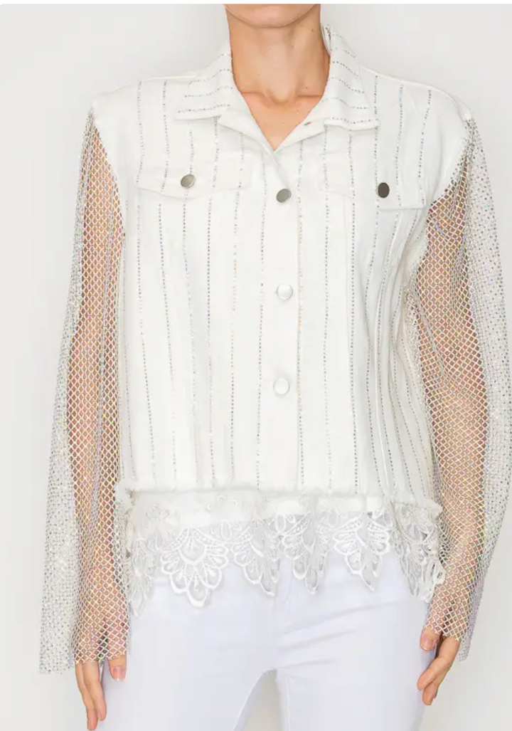 Statement Denim Jacket with Sparkly Details & Net Mesh Sleeves-plus too and many color options!