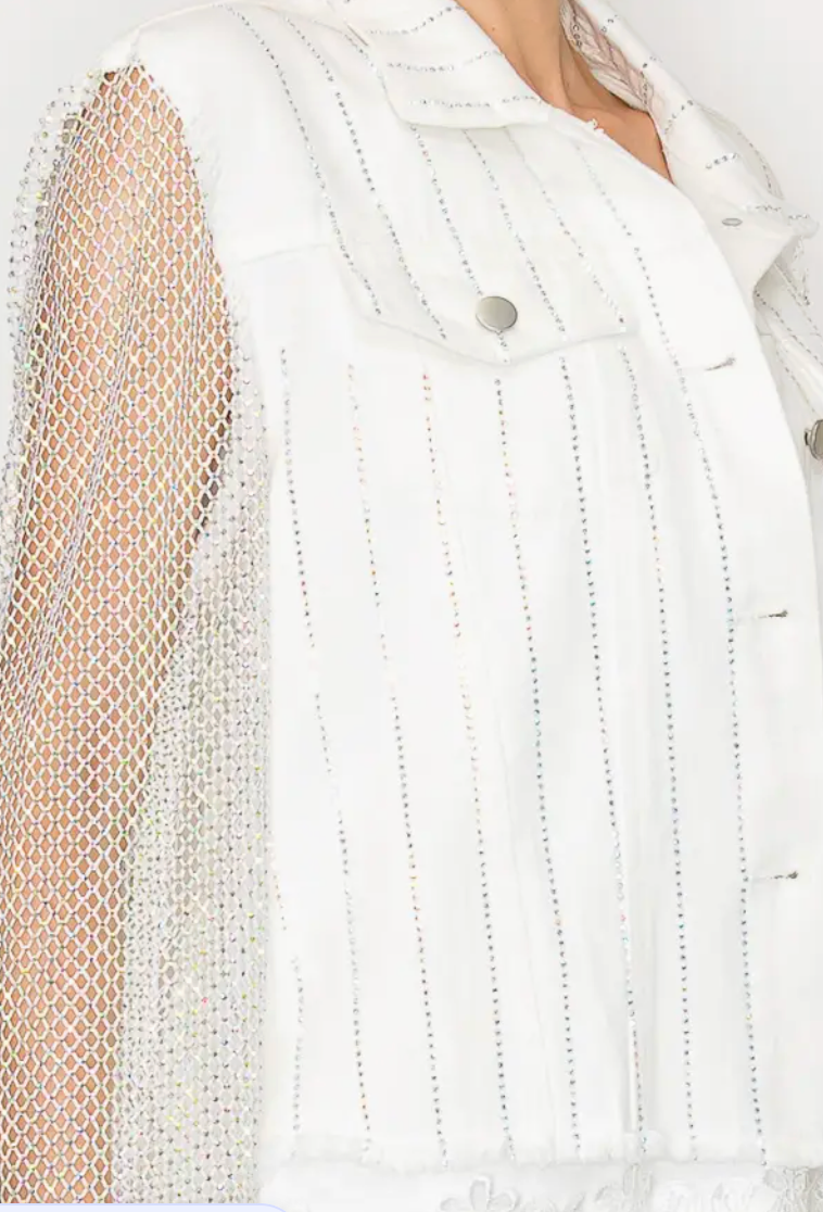 Statement Denim Jacket with Sparkly Details & Net Mesh Sleeves-plus too and many color options!