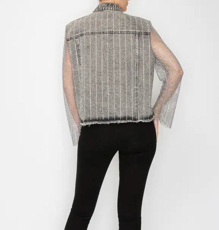 Statement Denim Jacket with Sparkly Details & Net Mesh Sleeves-plus too and many color options!