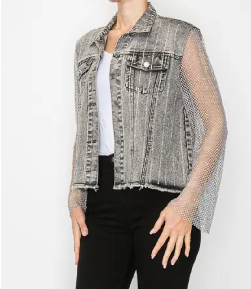 Statement Denim Jacket with Sparkly Details & Net Mesh Sleeves-plus too and many color options!