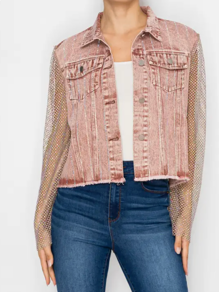 Statement Denim Jacket with Sparkly Details & Net Mesh Sleeves-plus too and many color options!