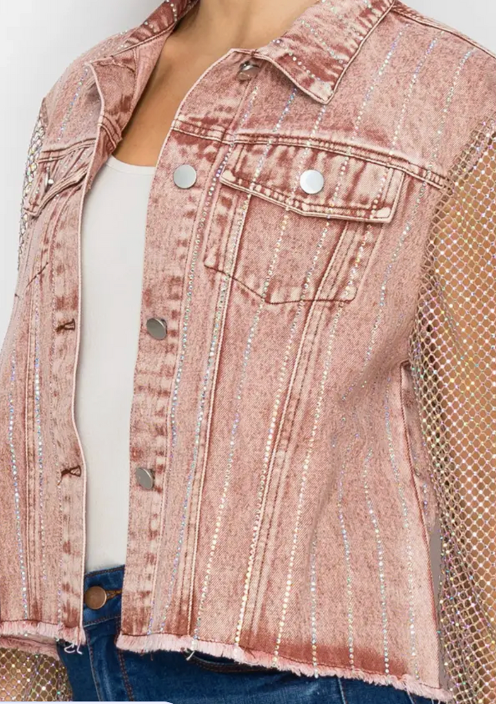 Statement Denim Jacket with Sparkly Details & Net Mesh Sleeves-plus too and many color options!
