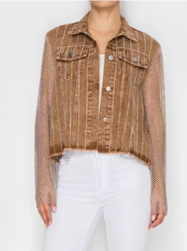 Statement Denim Jacket with Sparkly Details & Net Mesh Sleeves-plus too and many color options!