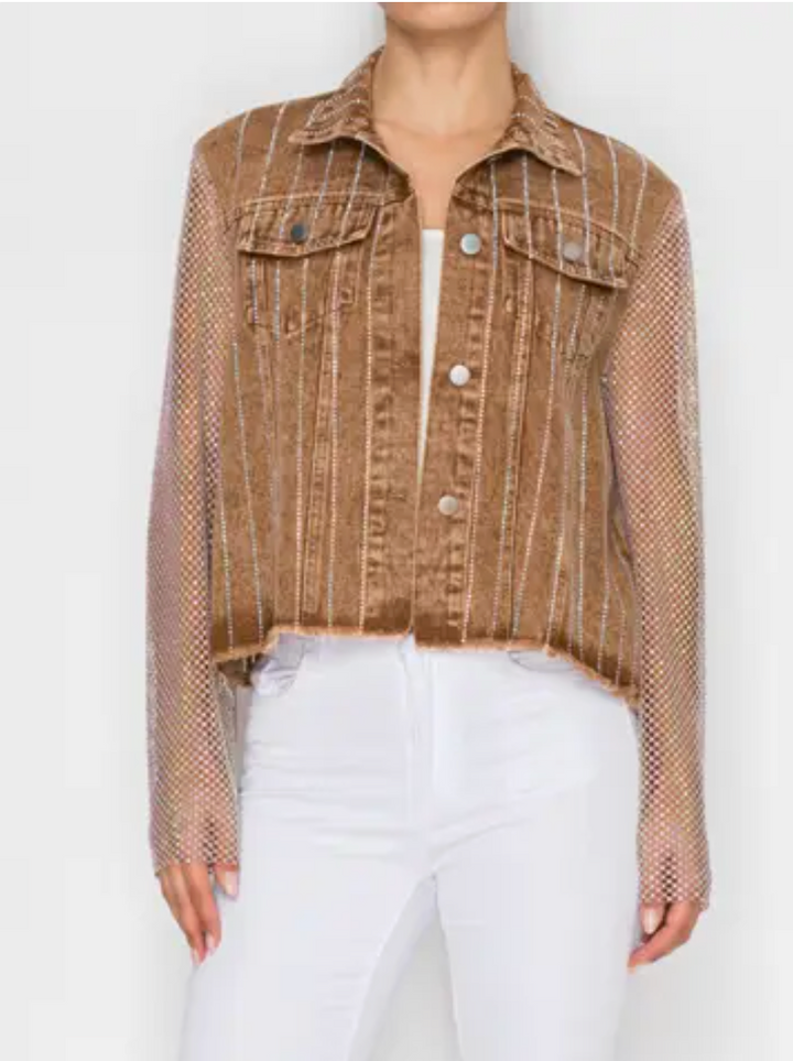 Statement Denim Jacket with Sparkly Details & Net Mesh Sleeves-plus too and many color options!