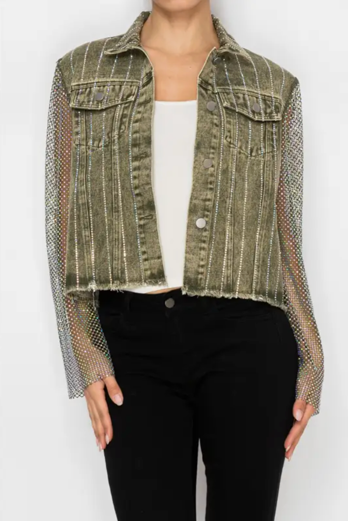 Statement Denim Jacket with Sparkly Details & Net Mesh Sleeves-plus too and many color options!