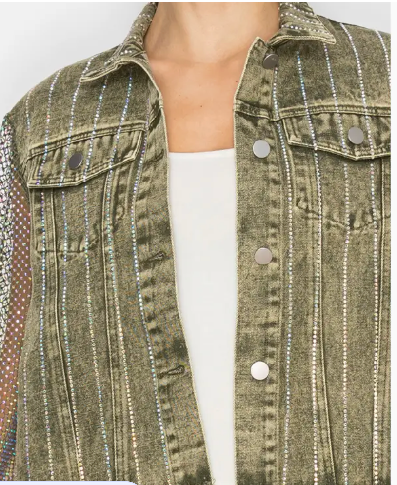 Statement Denim Jacket with Sparkly Details & Net Mesh Sleeves-plus too and many color options!