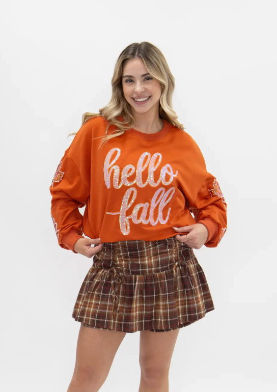 Sequin "Hello Fall" On Orange Top