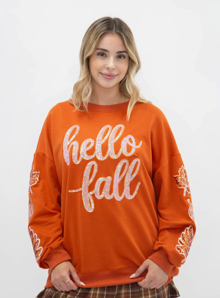 Sequin "Hello Fall" On Orange Top