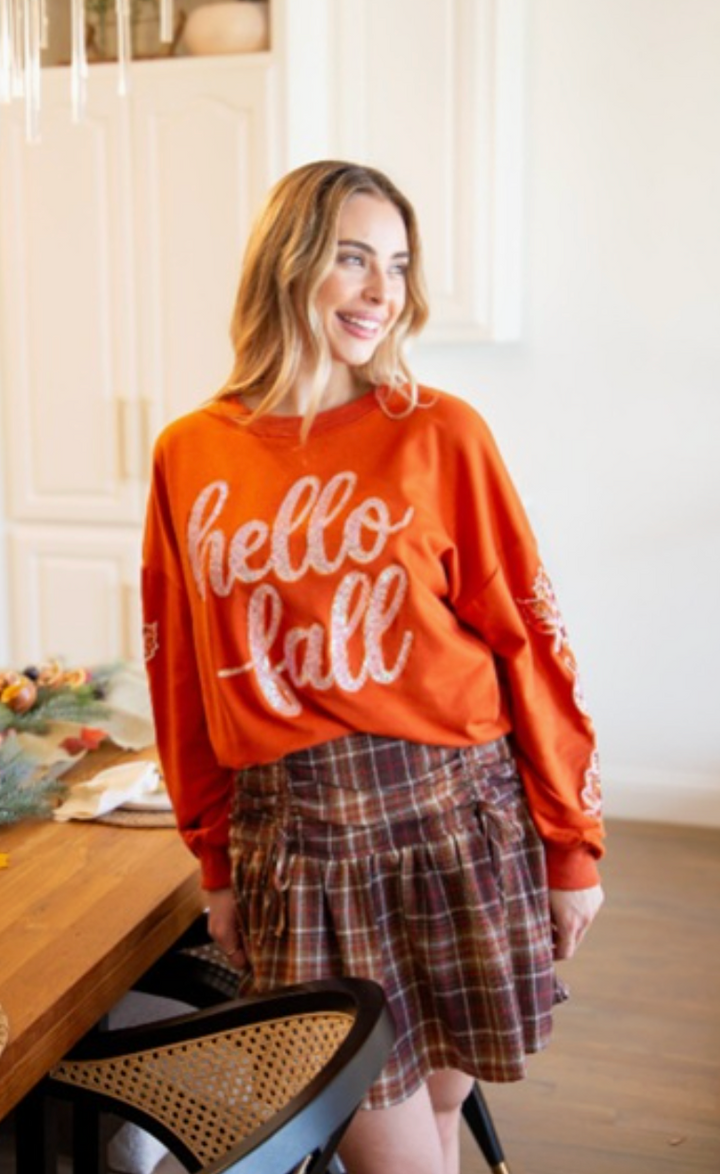 Sequin "Hello Fall" On Orange Top