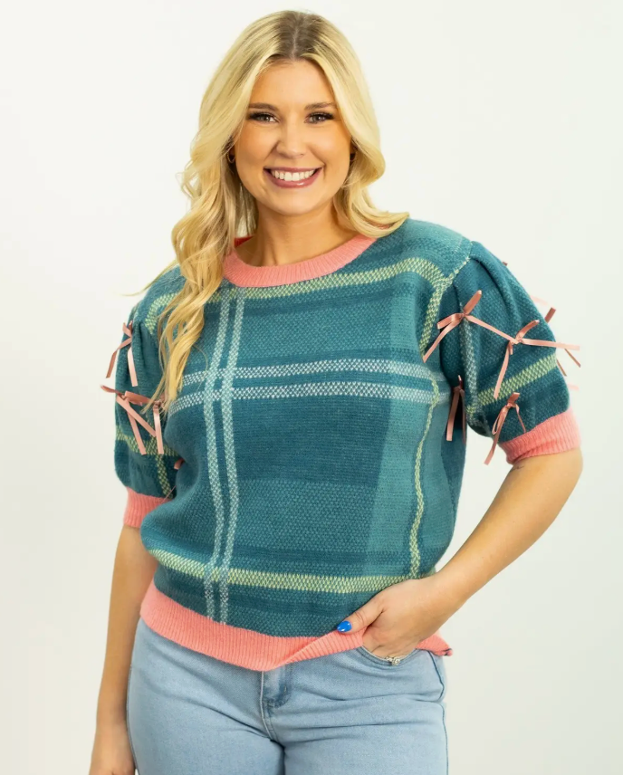 Plaid Sweater with Puff Sleeves
