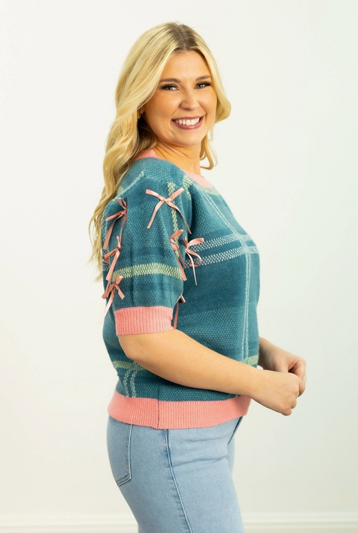 Plaid Sweater with Puff Sleeves