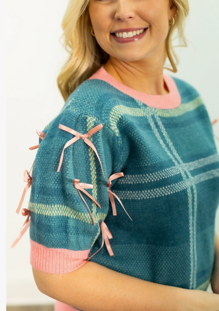 Plaid Sweater with Puff Sleeves