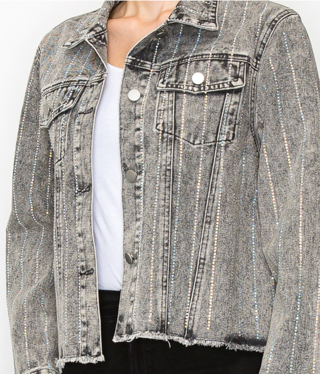 Statement Denim Jacket with Sparkly Details &amp; Net Mesh Sleeves-plus too and many color options!