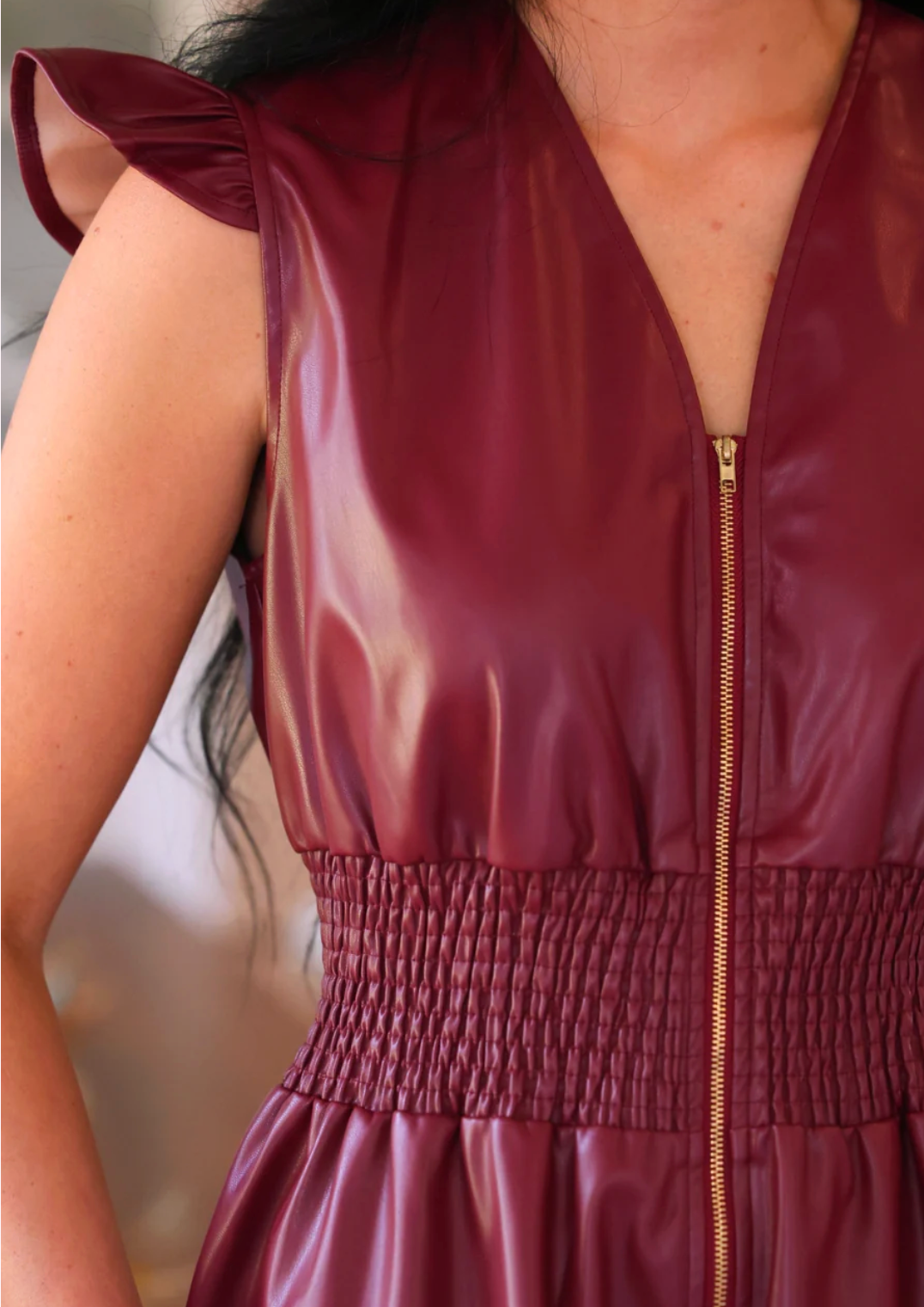 PREORDER- Downtown Leather Zipper Dress- Burgundy