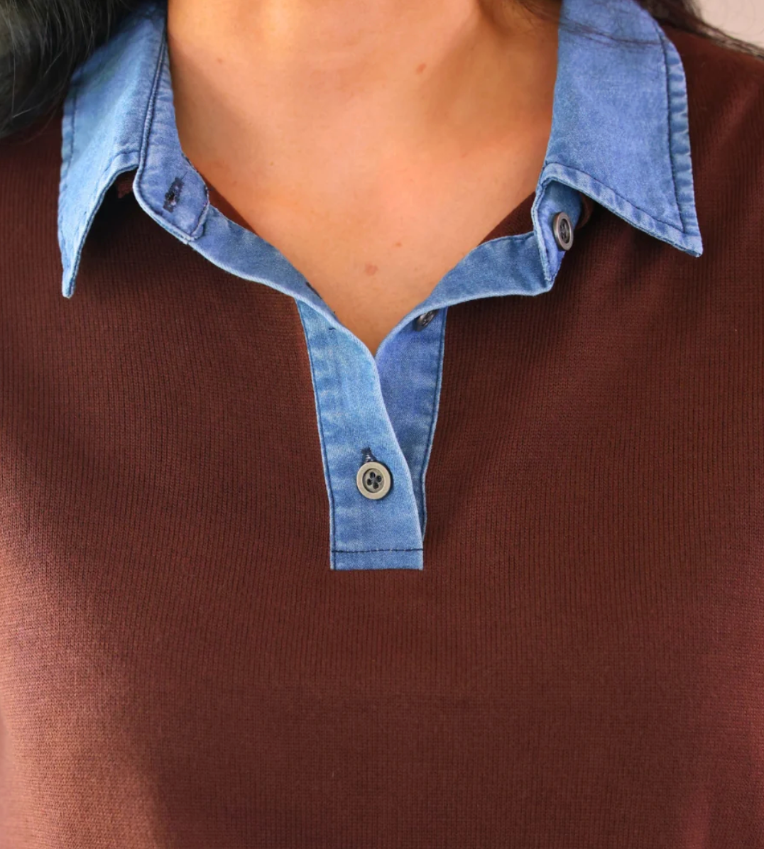 PREORDER- Denim Trim Knit Sweater- Chocolate