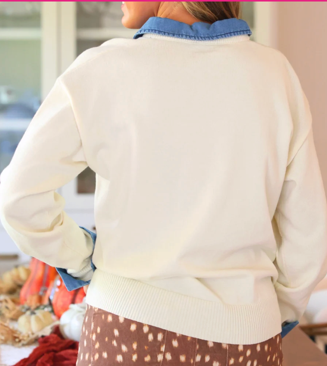 PREORDER- Denim Trim Knit Sweater- Cream