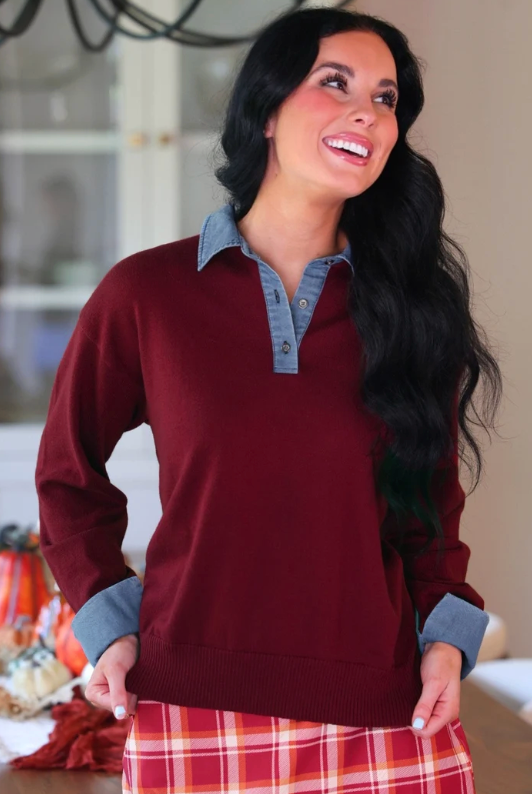 PREORDER- Denim Trim Knit Sweater- Burgundy