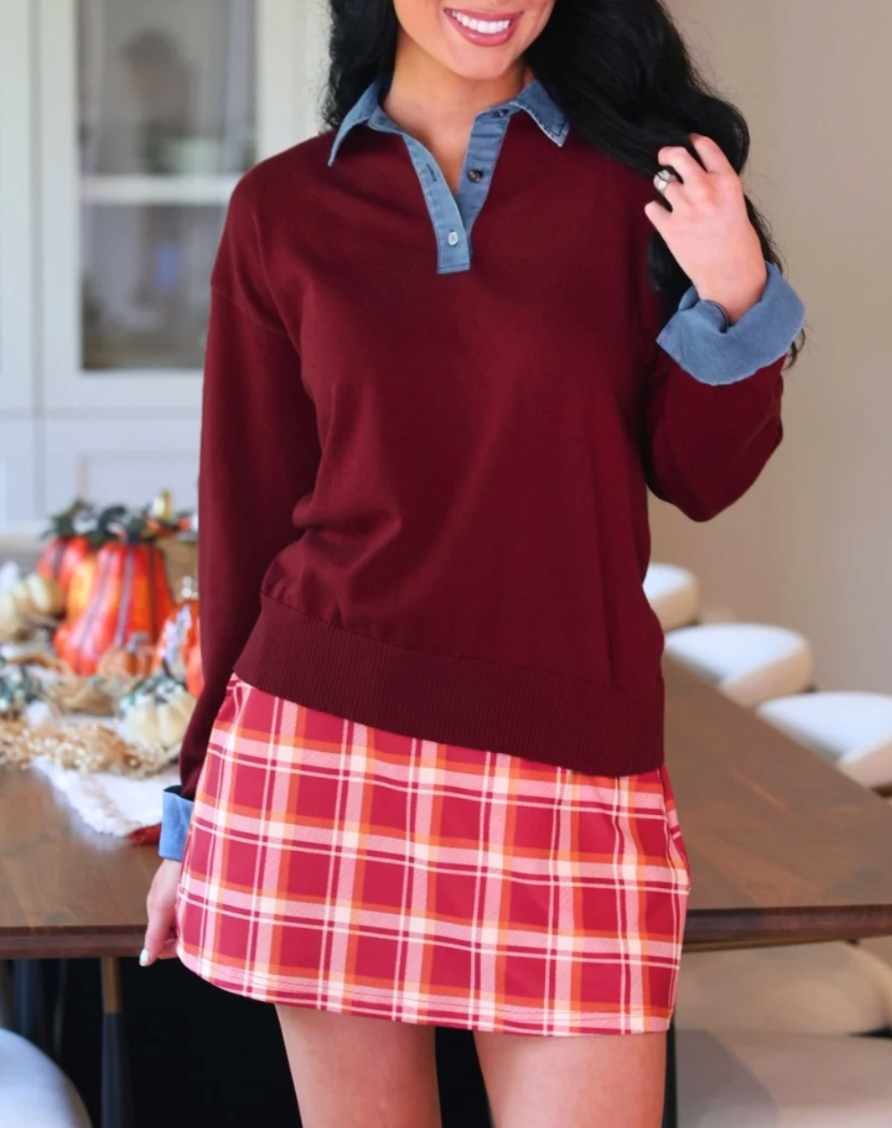 PREORDER- Denim Trim Knit Sweater- Burgundy