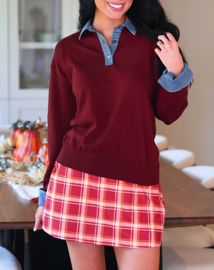 PREORDER- Denim Trim Knit Sweater- Burgundy