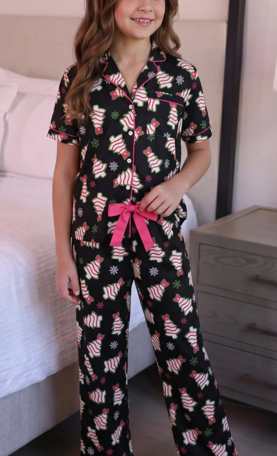 Merry Bow Christmas Treat Girls Ruffle Pajama Set