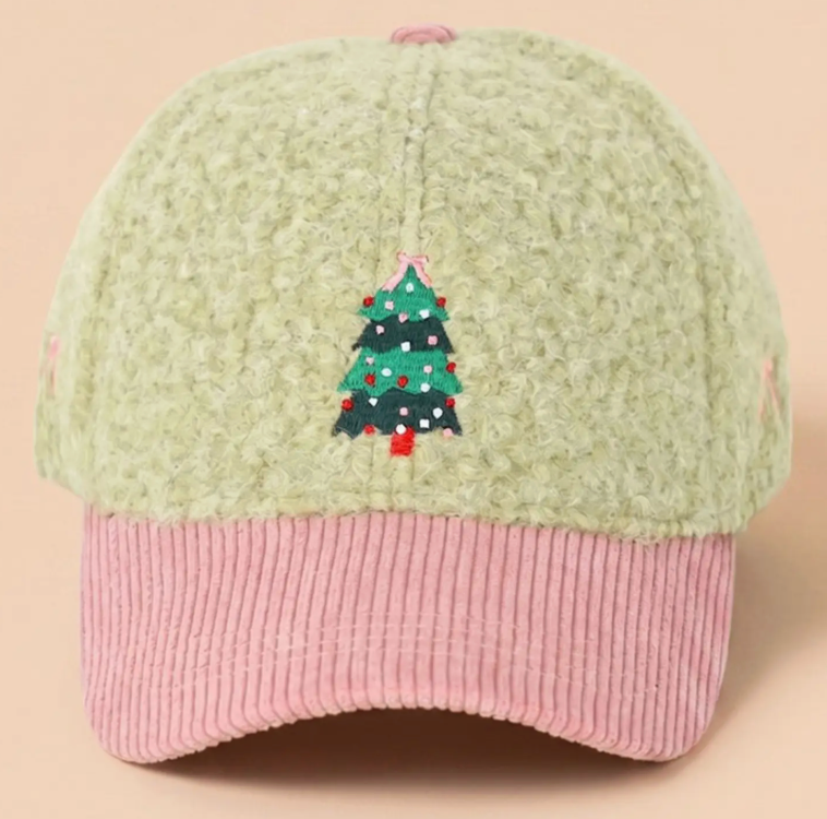Christmas Tree Embroidered Sherpa &amp; Corduroy Baseball Cap