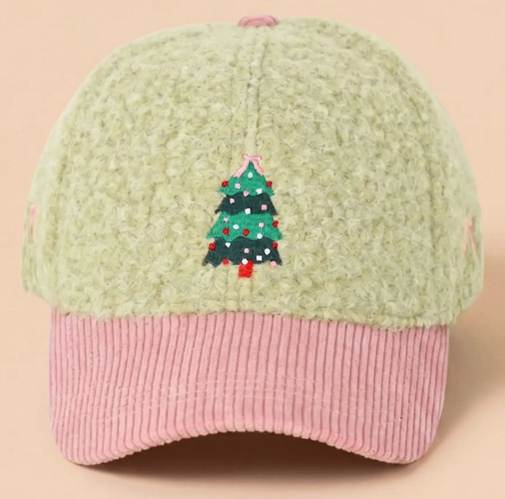 Christmas Tree Embroidered Sherpa &amp; Corduroy Baseball Cap