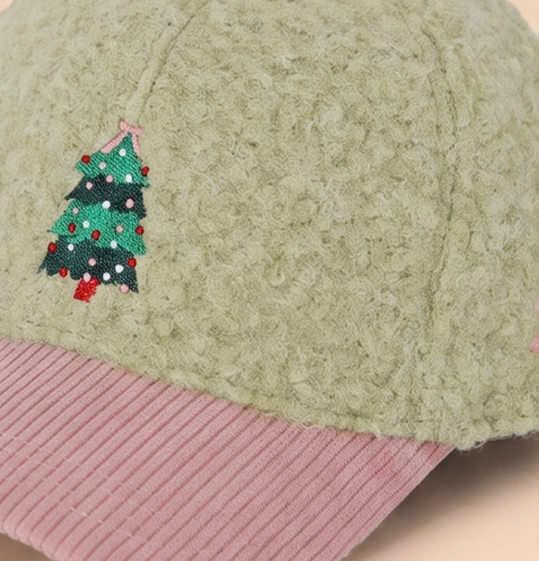 Christmas Tree Embroidered Sherpa &amp; Corduroy Baseball Cap