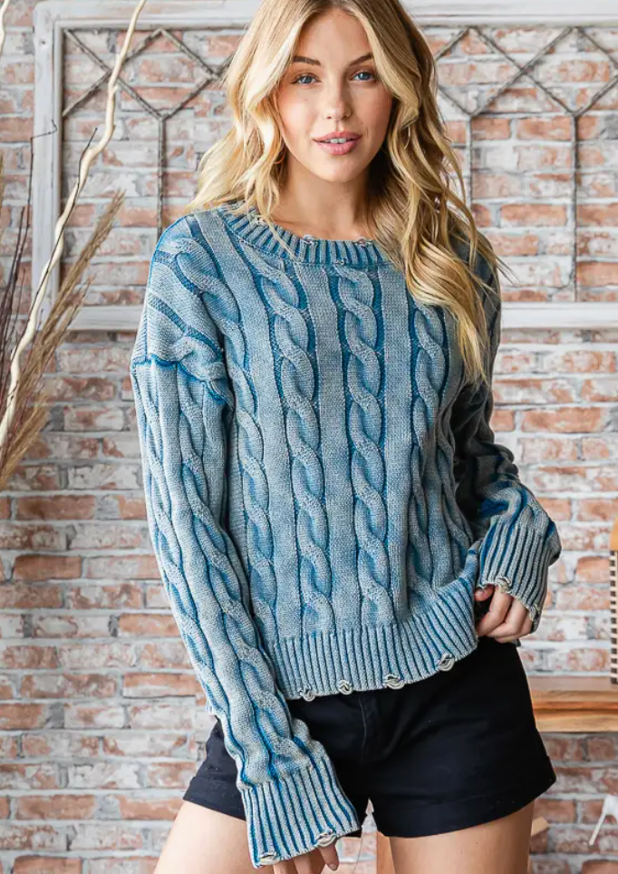 Regular & Plus Size Distressed Cable Knit Pullover Sweater