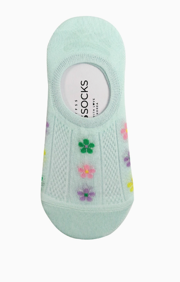 Women's Famous No Show Mint Pastel Flower Socks