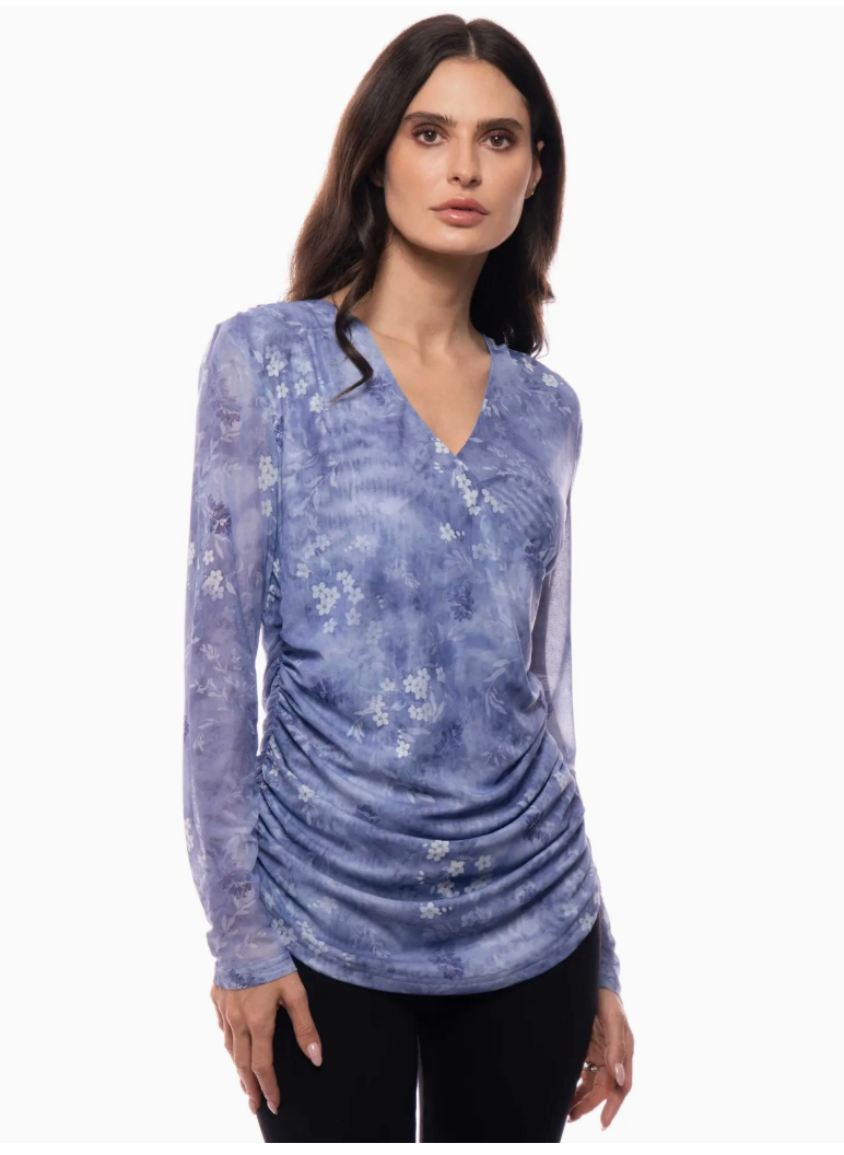 Ruched Floral Sheer Long Sleeve Top A647-A