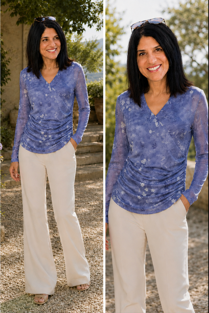 Ruched Floral Sheer Long Sleeve Top A647-A