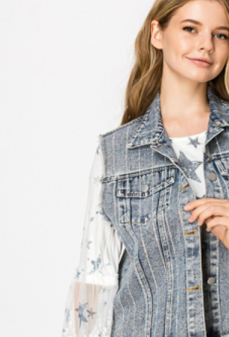 Stunning Denim Vest with Stripe Sparkle Designs (Plus too)