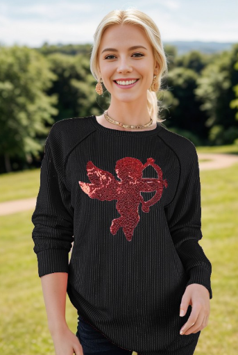 Puff Sleeve Solid Top With Cupid Sequins