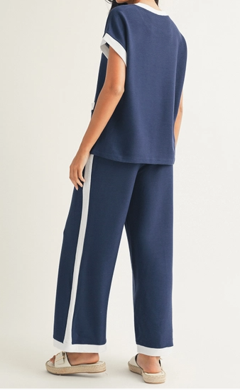 Ldc Color Block Pocketed T Shirt and Wide Leg Pants Set