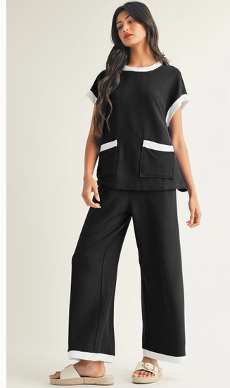Ldc Color Block Pocketed T Shirt and Wide Leg Pants Set