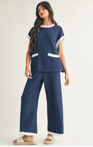 Ldc Color Block Pocketed T Shirt and Wide Leg Pants Set