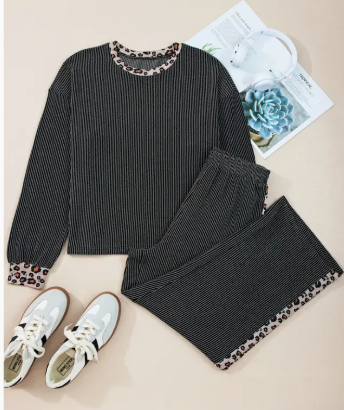 Rib Texture Leopard Patchwork Detail 2pcs Pant Set (S-Xl)