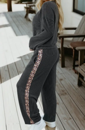 Rib Texture Leopard Patchwork Detail 2pcs Pant Set (S-Xl)