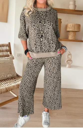 Jacquard Leopard Half Sleeve Jumper Wide Leg Pant Set (S-Xl)