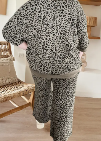 Jacquard Leopard Half Sleeve Jumper Wide Leg Pant Set (S-Xl)