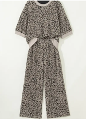 Jacquard Leopard Half Sleeve Jumper Wide Leg Pant Set (S-Xl)