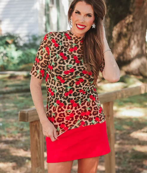 Kora Short Sleeve Mesh Top- Cherries Gone Wild