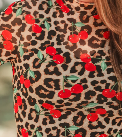 Kora Short Sleeve Mesh Top- Cherries Gone Wild