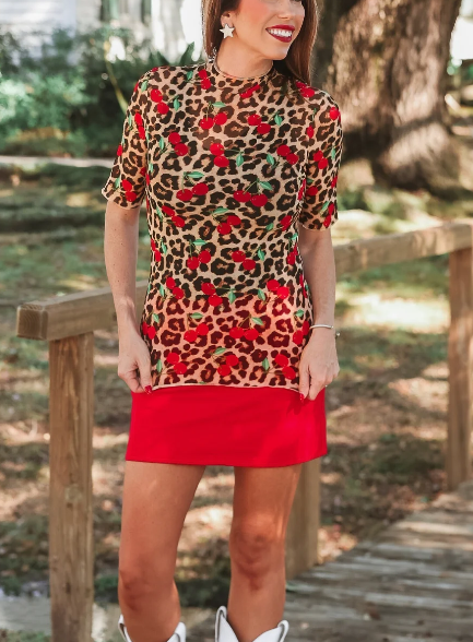 Kora Short Sleeve Mesh Top- Cherries Gone Wild