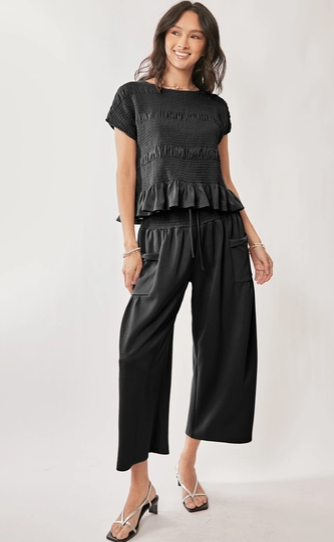 Davi & Dani Ruffle Cap Sleeve Top and Waistband Pants Set