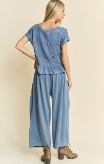 Davi & Dani Ruffle Cap Sleeve Top and Waistband Pants Set