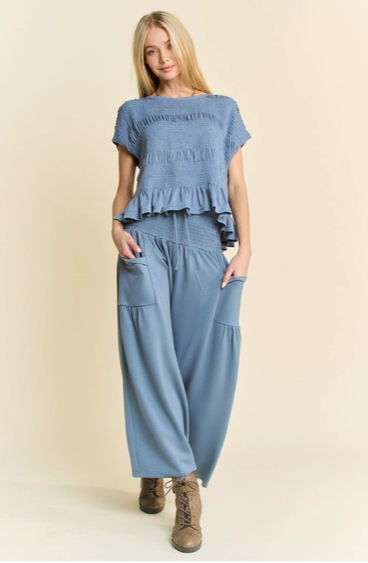 Davi & Dani Ruffle Cap Sleeve Top and Waistband Pants Set