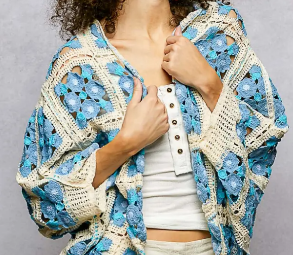 POL Dolman Sleeve Varied Pattern Crochet Open Cardigan